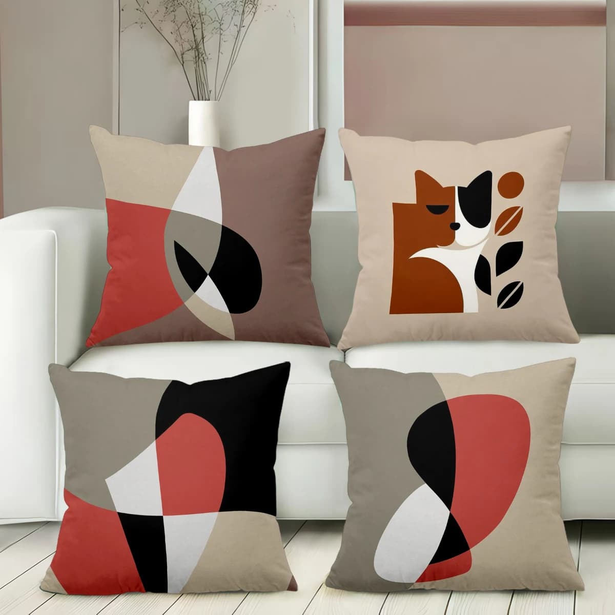 Cuscini decorativi moderni con motivi geometrici e gatti, federa in poliestere, cuscino decorativo per divano, cuscino per testiera