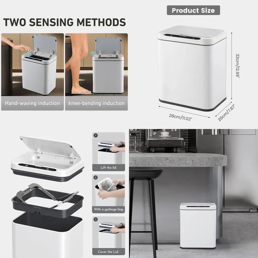 Cestino per Rifiuti con Sensore di Movimento, Contenitore Senza Contatto da 3,5 Galloni per Cucina, Ufficio e Bagno (Bianco)