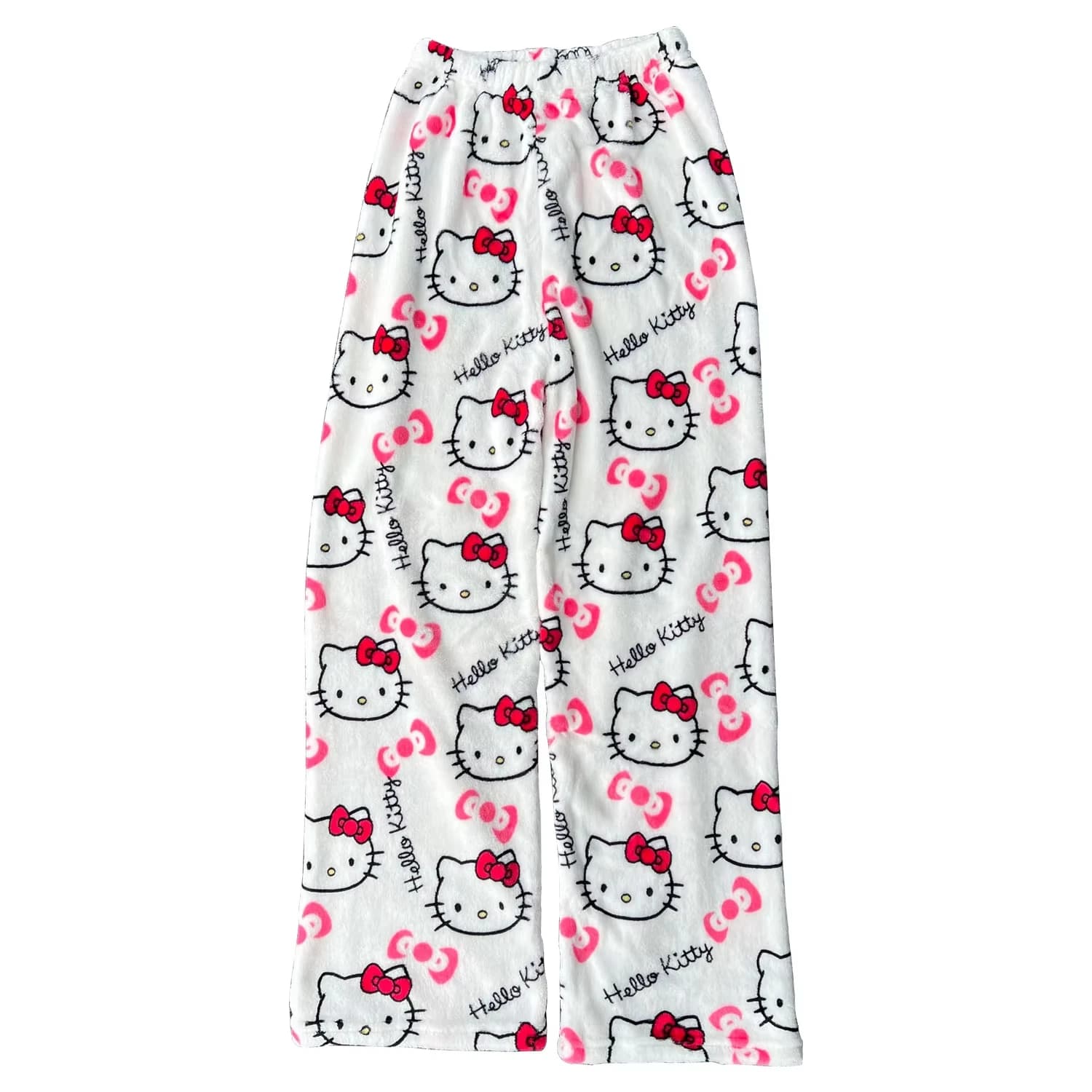 Hello Kitty cute cartoon Plush Pajama Bottoms, Elastic Waist & Relaxed Fit, Soft Flannel Loungewear Pants for Women