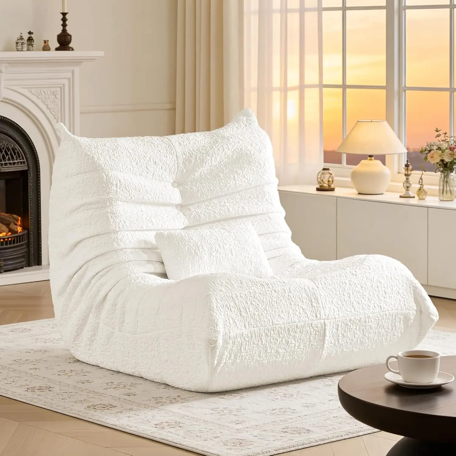 Poltrona Sacco Grande in Ciniglia con Cuscino Lombare, in Memory Foam ad Alto Rimbalzo per Adulti, Bianca