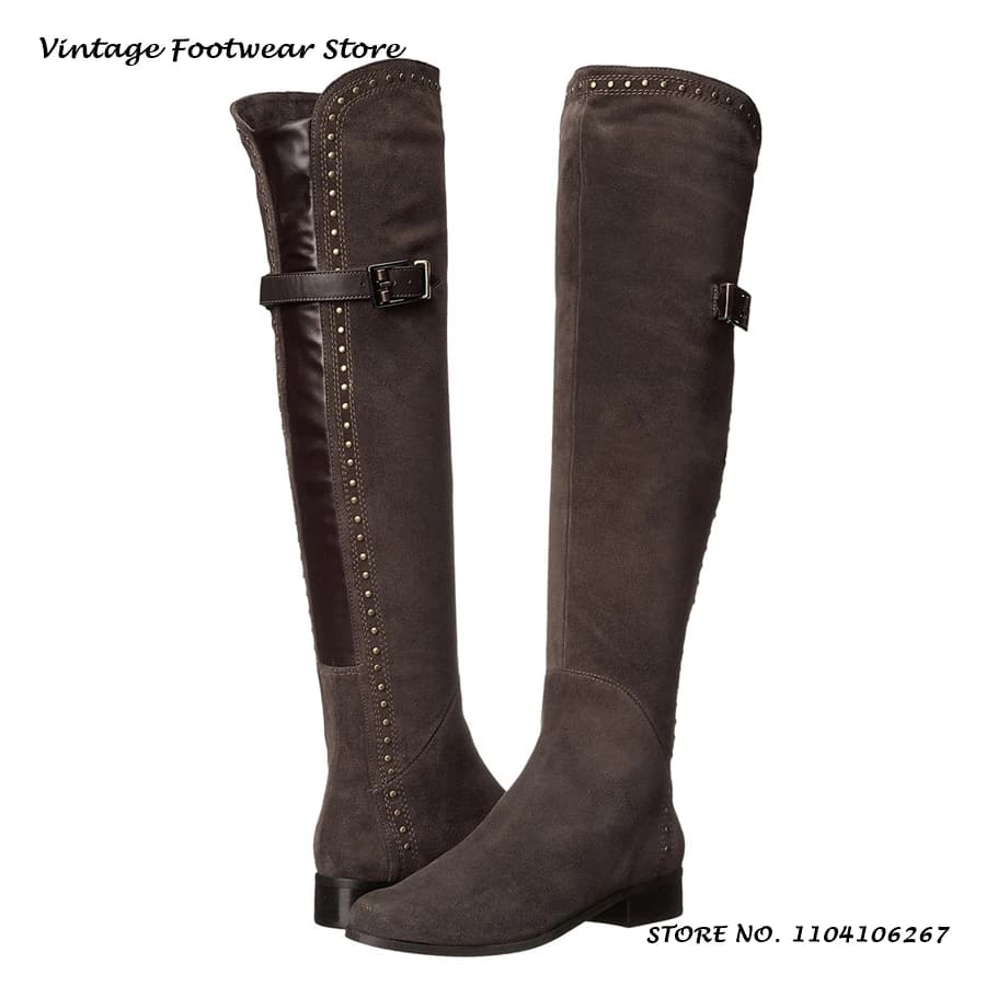 Brown Studded Splicing Riding Boots Vintage Round Toe Low Square Heel Casual Shoes Women's British Style Suede Knee-high Boots