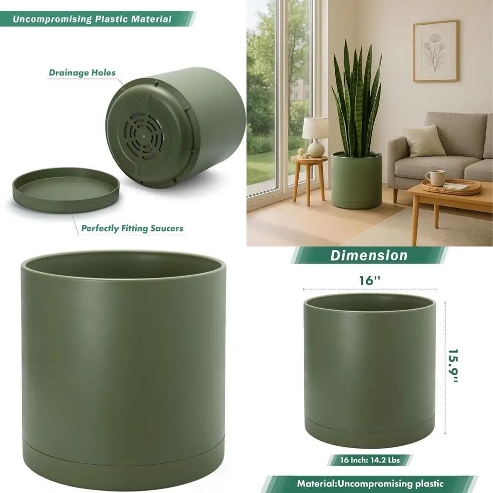 Vases for Plastic Plants of 16 Inches with Drainage and Subvaded Holes, Olive Green