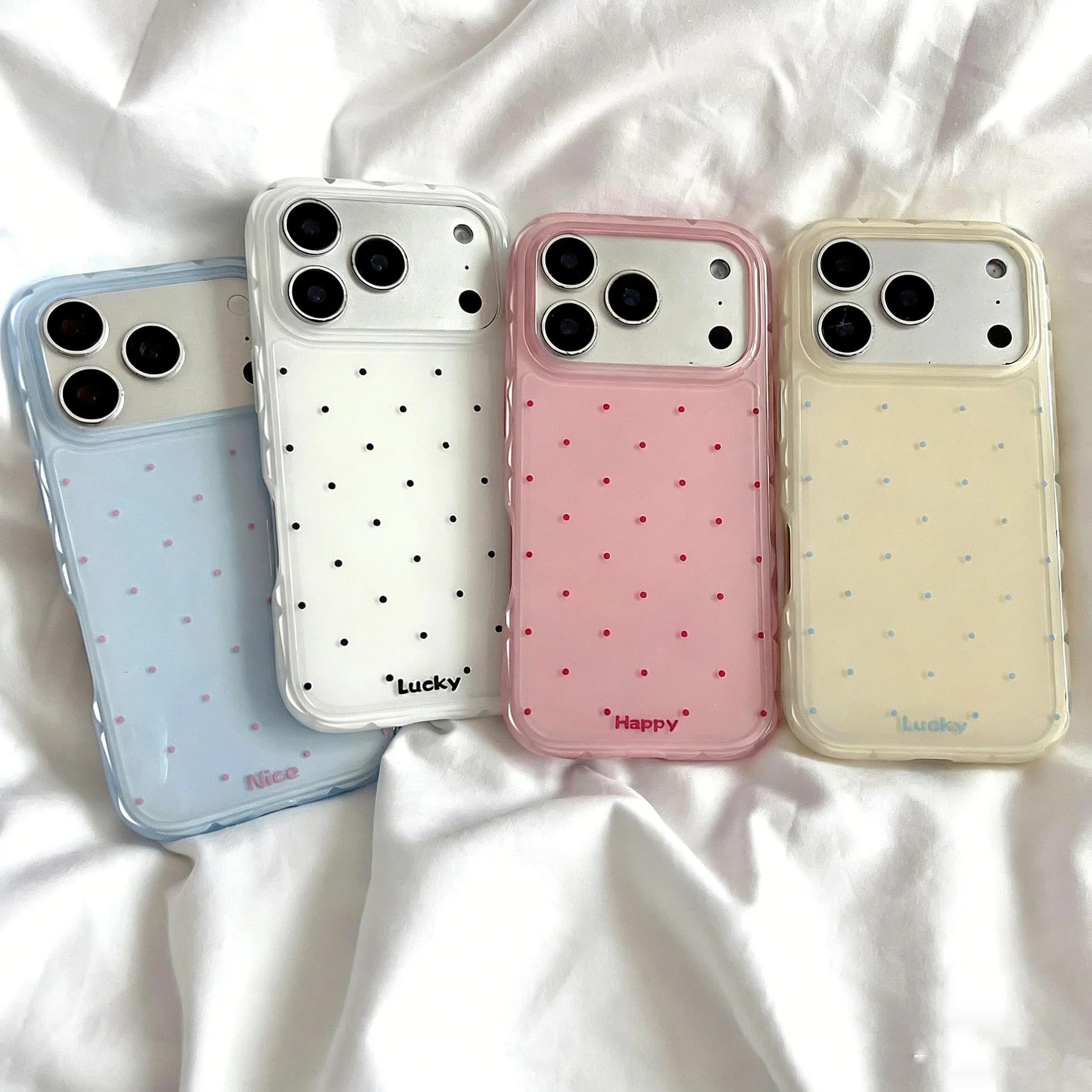Custodia per telefono di lusso con pois color caramella per iPhone 17e 17 16e 16 15 14 13 12 11 Pro Max Xs XR XSMax Air Plus con texture effetto piuma