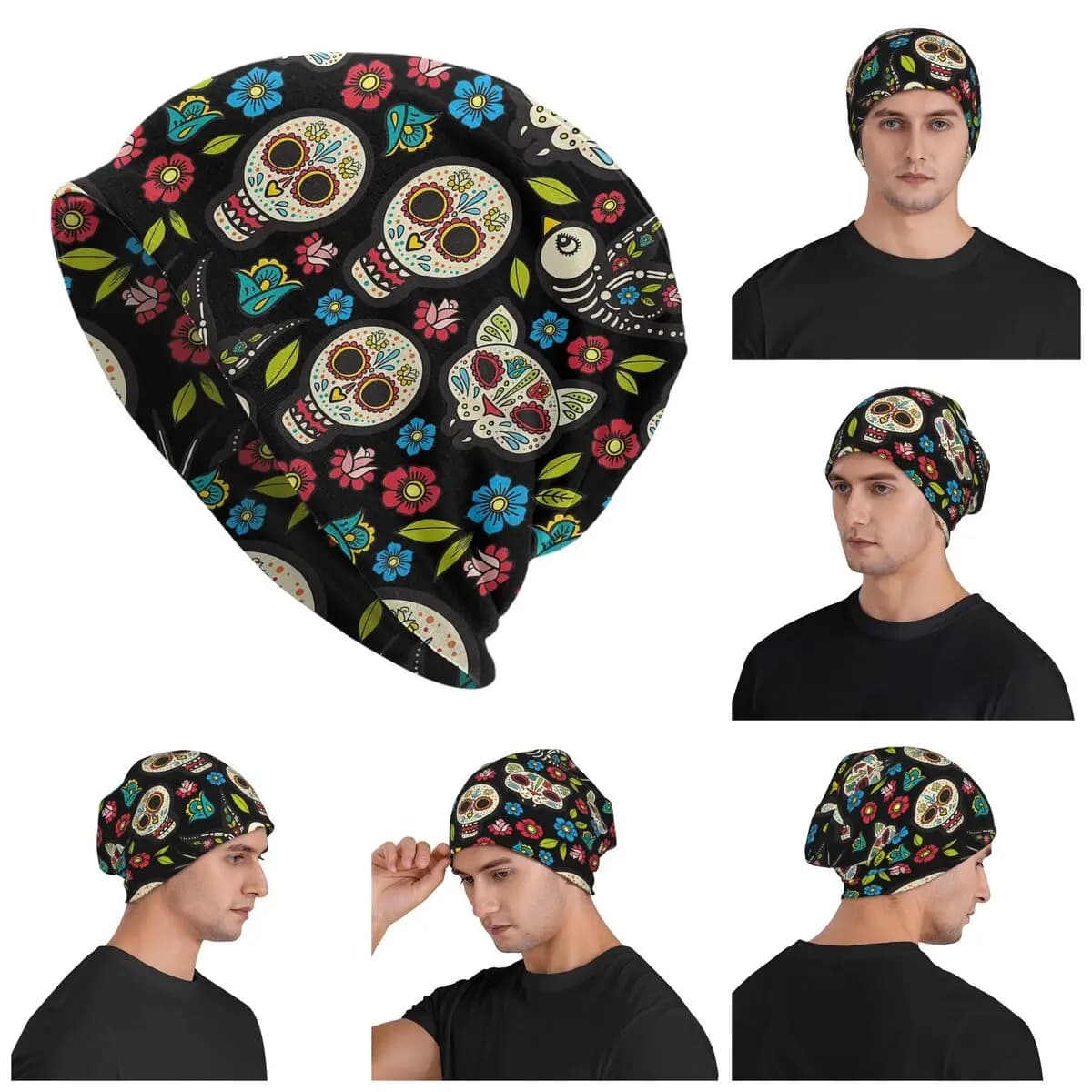 Giorno dei morti e motivo teschio floreale Berretto lavorato a maglia caldo Cappello a cuffia moda Autunno Inverno Berretti da esterno Cappelli per uomo Donna Adulto