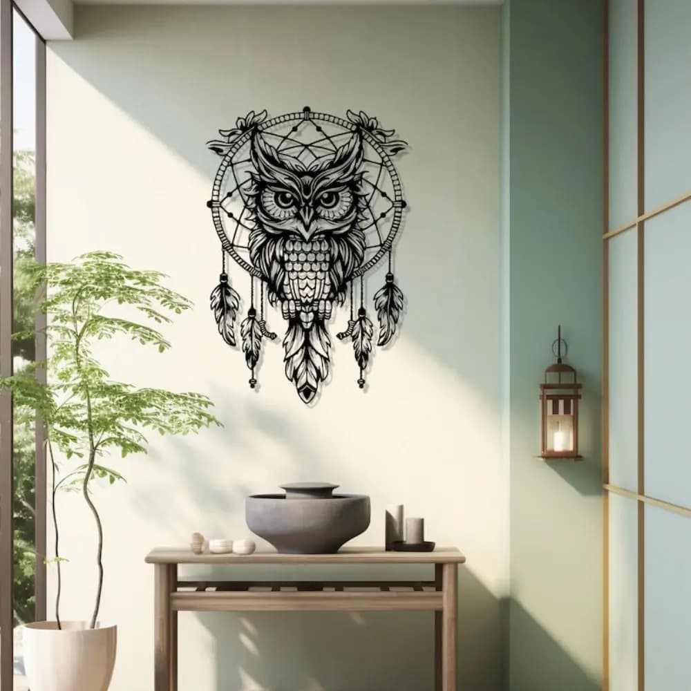 CIFBUY Boho Owl Iron Wall Decor, Hollow Dreamcatcher Shape Metal Wall Hanging Ornament for Indoor Bedroom
