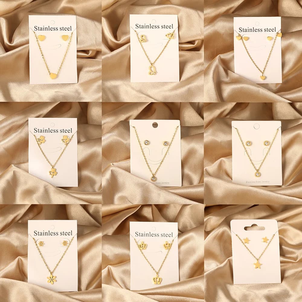 Pendants Earring Sets Cubic Zirconia Flower Heart Star Shaped For Women Stainless Steel Golden Glossy Inoxidable Jewelry Sets