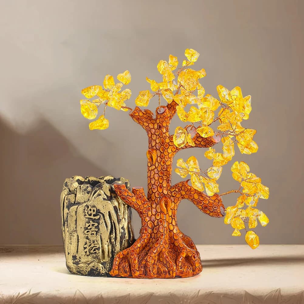 Portapenne in resina per albero dei soldi Organizzatore da scrivania giallo Figurina di ricchezza Feng Shui Decorazione per ufficio Ornamento regalo bonsai fortunato