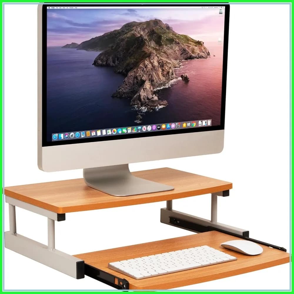 Supporto per monitor con cassetto scorrevole per tastiera, supporto per laptop per uso ufficio, struttura in legno/metallo, 20"L x 14,75"W x 5,9"H
