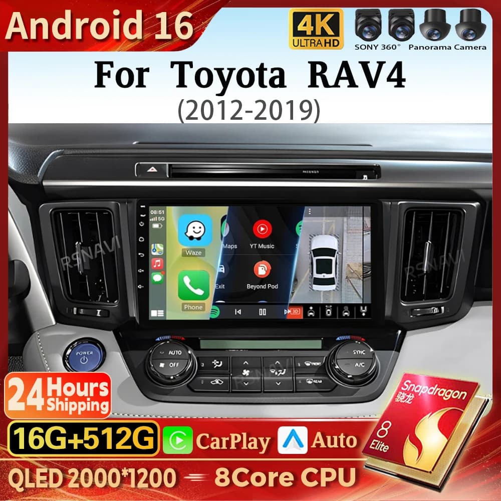 Autoradio Android 16 Carplay Auto con schermo 2K, lettore multimediale BT per Toyota RAV4 2012-2018, GPS stereo BT 16G - 512G