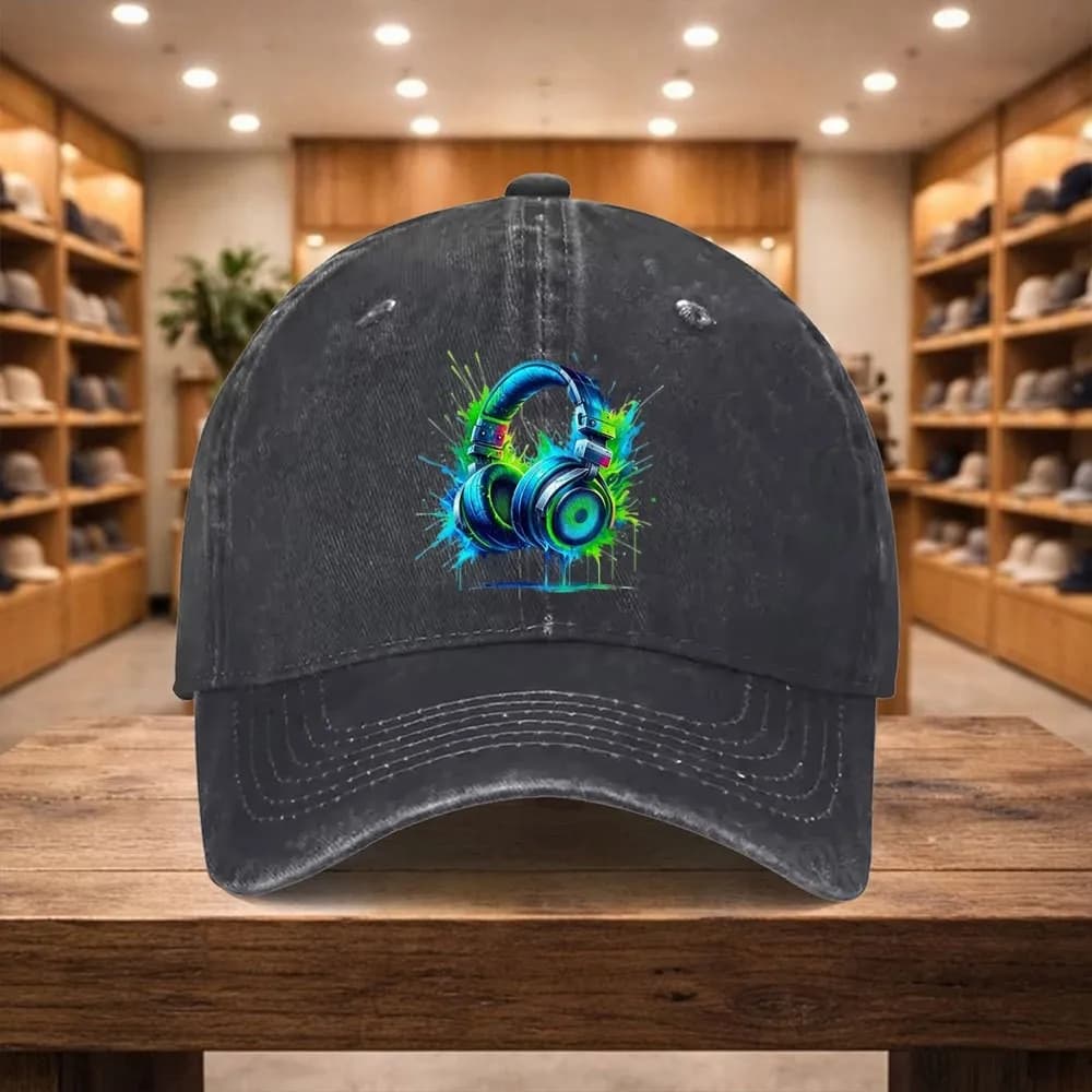 Cappellino da Baseball con Stampa Gaming Headset, in Denim Lavato, Regolabile, Unisex, Stile Casual Streetwear