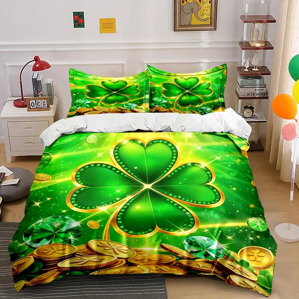Set Decorativo Quadrifoglio Portafortuna, Set Biancheria da Letto con 1 Copripiumino e 2 Federe, Singolo, Matrimoniale, King, Queen, Regalo