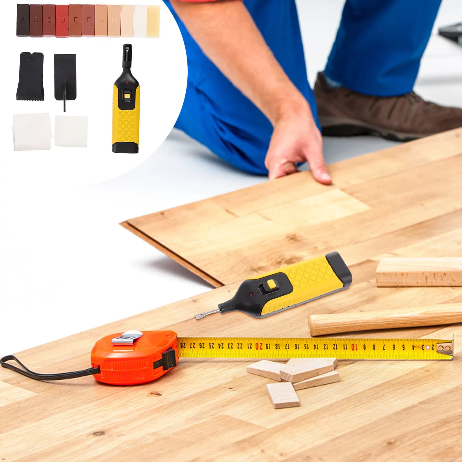 Kit di Riparazione per Fessure nel Pavimento con Blocco di Cera, Ferro Elettrico, Raschietto, Spugna, Panno e Scatola Portaoggetti per Laminato e Legno Massello