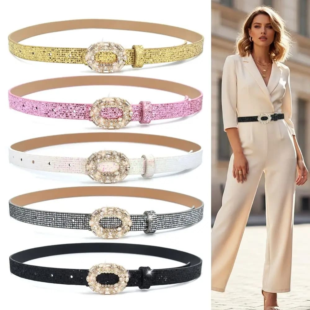 Cintura alla Moda con Strass Scintillanti, Design di Lusso Versatile, Fibbia Scorrevole, Cintura in Pelle PU Glitterata per Donne