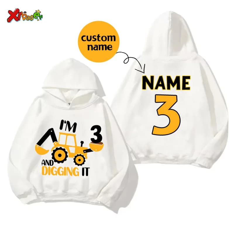 Veicolo di ingegneria compleanno felpa con cappuccio escavatore costruzione bambini felpe ragazzo vestiti nome personalizzato ragazza bambino bambini felpa con cappuccio