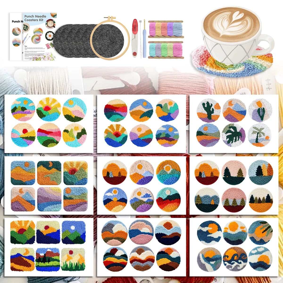 Punch Needle Coaster Simple landscape pattern cute nimi 6pcs Diy Adult Crafts Cross Stitch Kits Needle Arts Craft Set