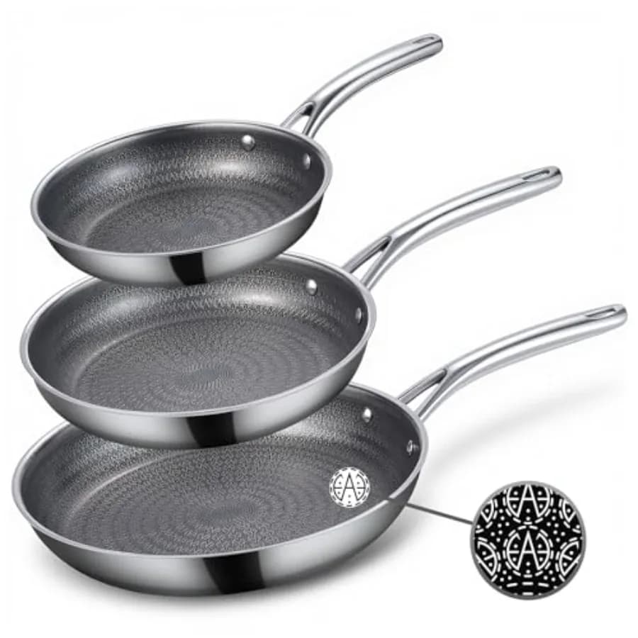 Set di Padelle Ibride in Acciaio Inox Tri-Ply 8"/9.5"/11", Padelle Antiaderenti e Skillet, Padella da Chef Non Tossica