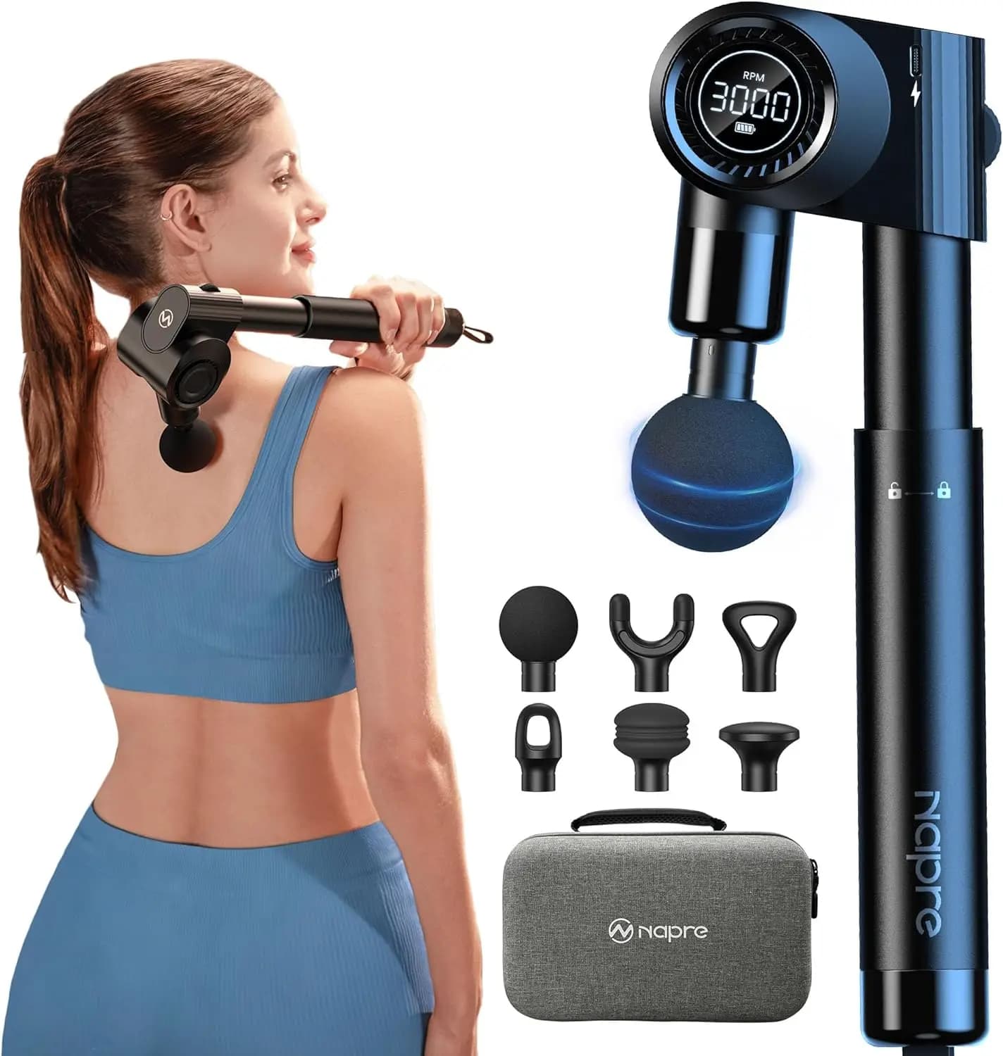 Foldable Massage Gun with Extensible Handle, 5 Angles, 32 Speed and 6 Heads for a Deep Lift of Fabrics