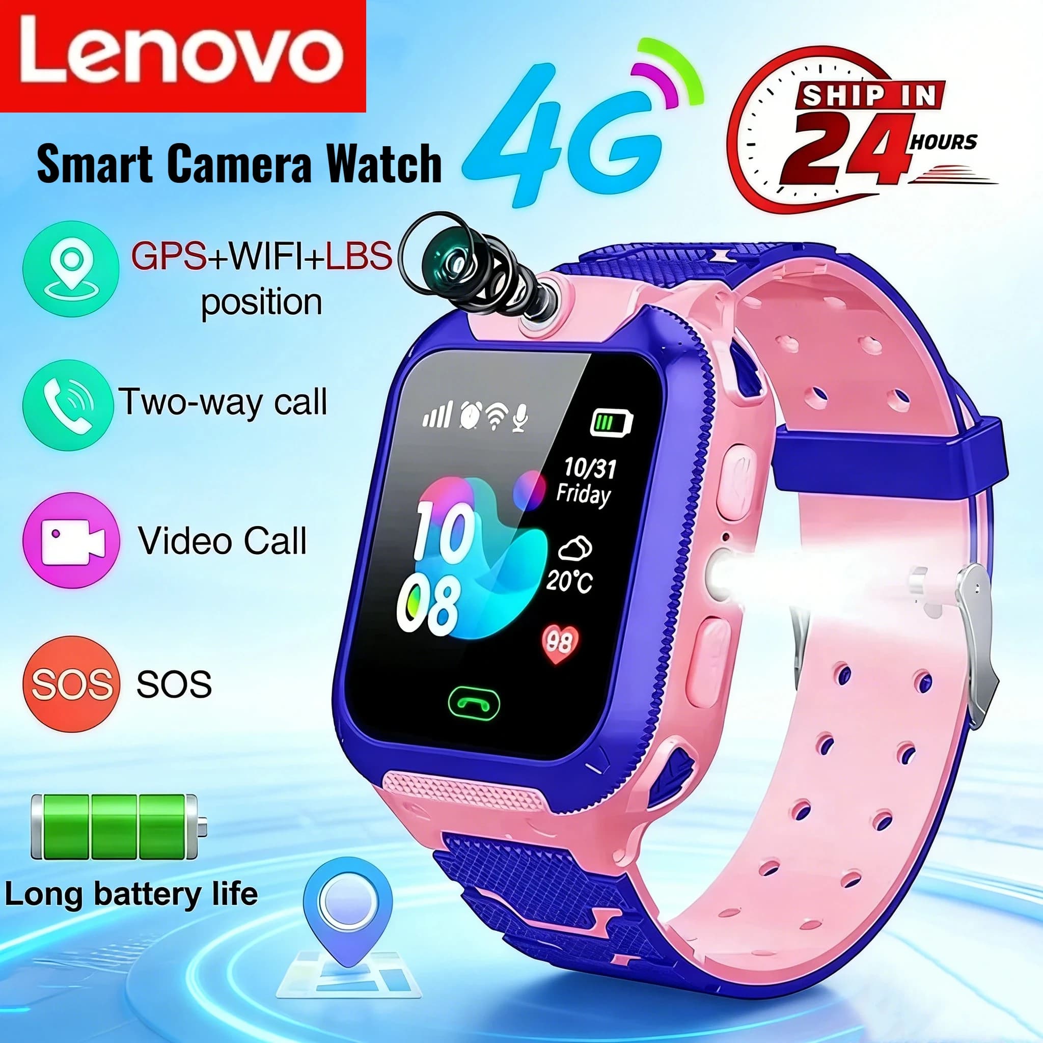 Orologio Smartwatch per Bambini Lenovo con GPS, Localizzatore, SOS, Chiamate con SIM, Impermeabile, Regalo per iOS e Android NUOVO