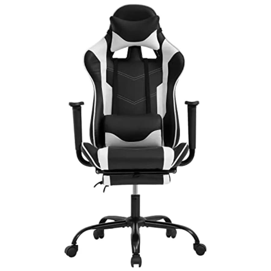 Gaming Chair for Home Office: Ergonomic Racing Style Computer Chair in White with Adjustable High Back, Footrest, Headrest, and