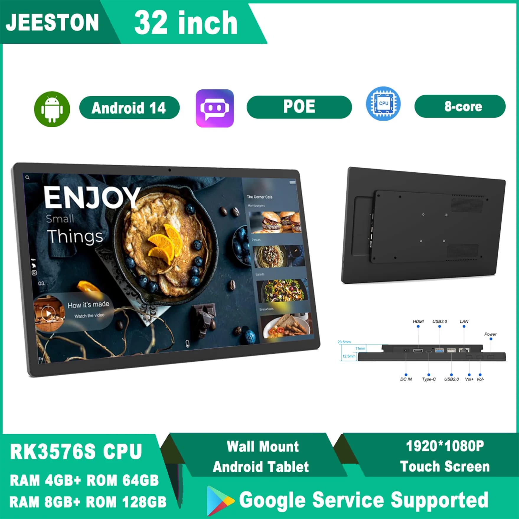 Tablet Android 14 da 32 Pollici con Bordo Sottile, Montaggio a Parete POE, Schermo Touch 1920x1080 IPS, Ingresso HDMI, WiFi6, Fotocamera 8MP, Segnaletica Digitale