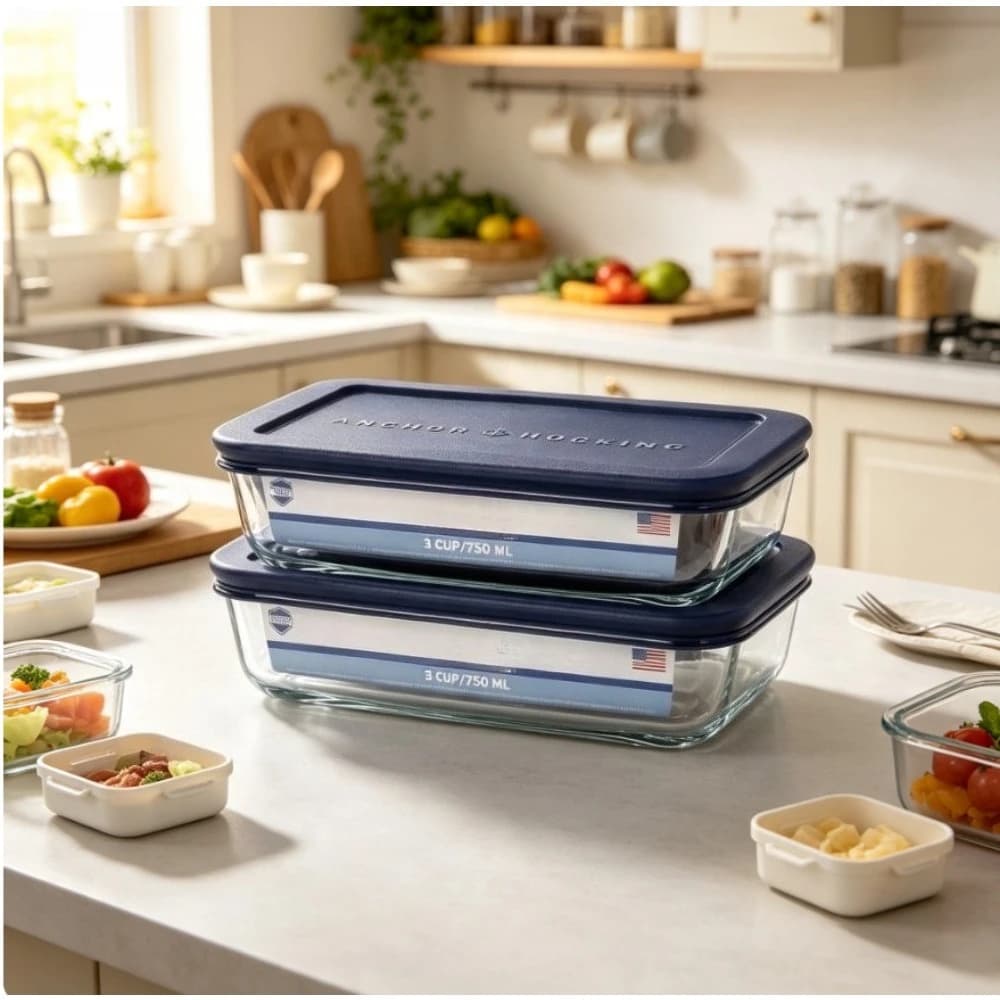 Glass Food Storage Containers with Lids, 3 Cup Rectangular, Set of 2