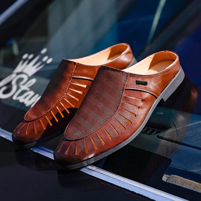 Italian Men Slippers Genuine Leather Loafers Moccasins Outdoor Non-slip Black Casual Slides Summer Spring Fashion Shoes 2020