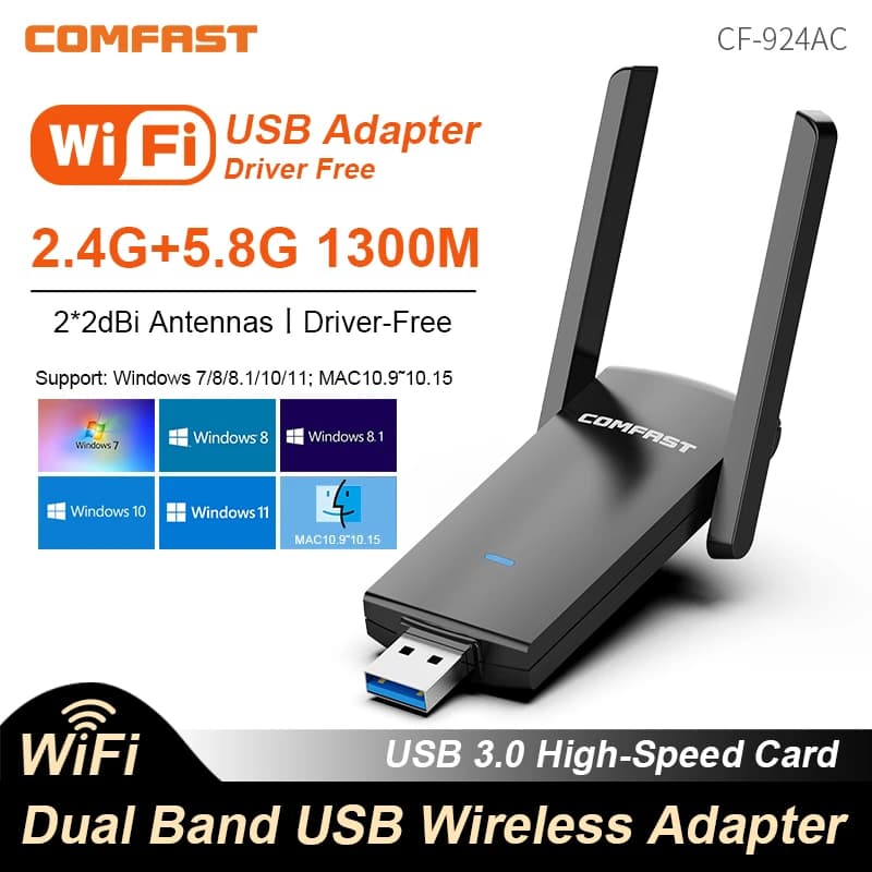 COMFAST 1300Mbps USB Wifi Adattatore Scheda di rete 2.4G/5.8Ghz USB3.0/2.0 Ricevitore dongle WIFI per PC Win10/11