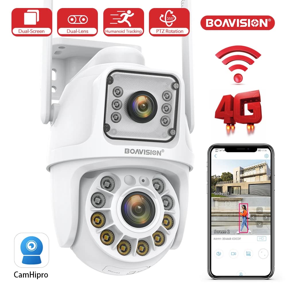 Telecamera Wifi 4G PTZ Dual-Lens Dual-Screen HD 4MP AI Tracciamento automatico Rilevazione umanoide Audio bidirezionale Camhipro APP Telecamera di sicurezza