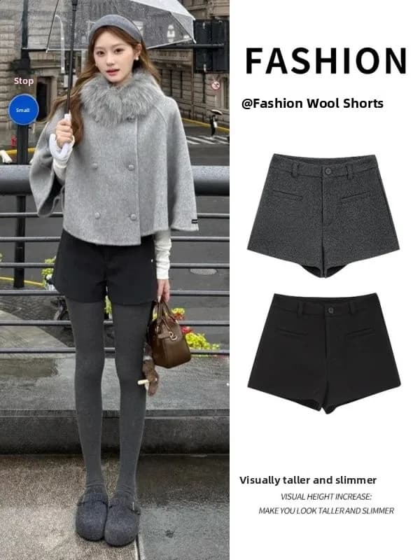 Pantaloncini da donna in lana grigia Spicy Girl, Nuova Collezione Primavera 2026, Taglia Piccola, Spessi, Vita Alta, Linea ad A, Stile Boot Pants