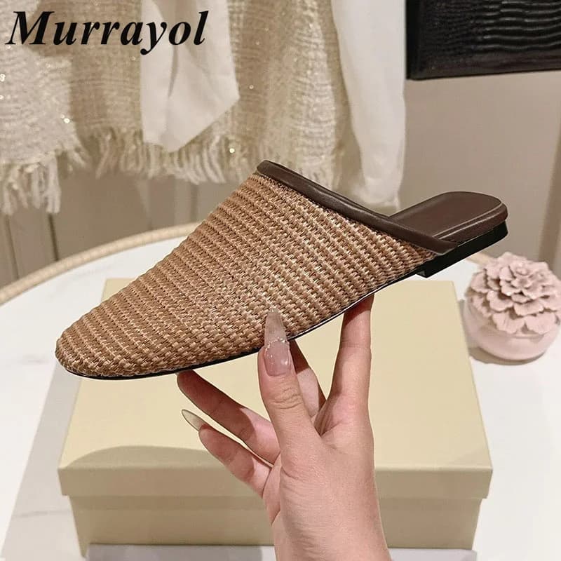 Lazy Mules Closed Toe Real Leather Weaving Half Slipper Women Retro Flat Bottom Autumn Vacation Walking Shoes Zapatos De Mujer