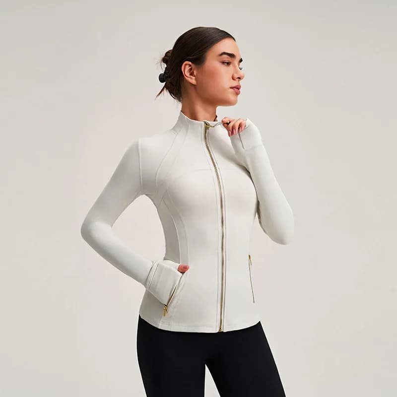 Giacca da yoga da donna 2026 con collo alto e cerniera dorata, design a vita sottile, cardigan sportivo da corsa per allenamento, fitness e uso quotidiano