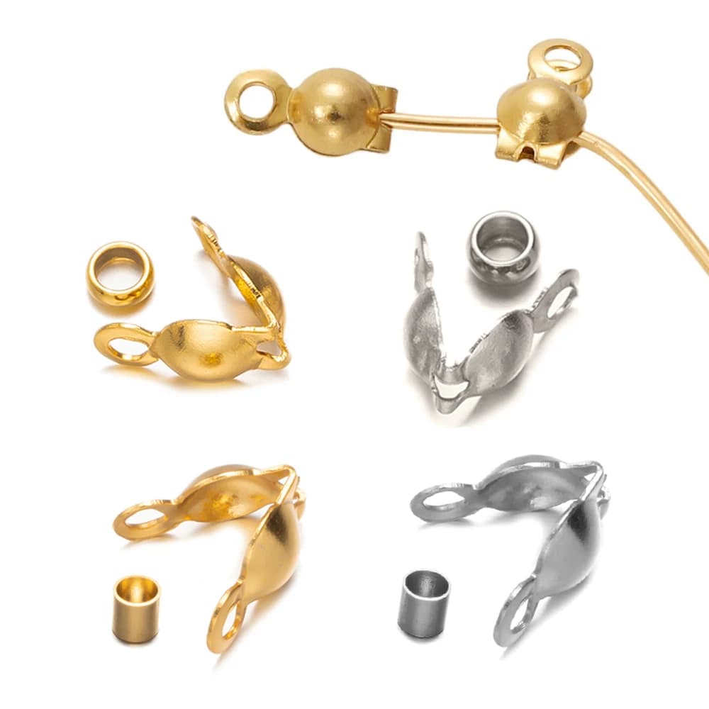 50 set di perline per tubi terminali a crimpare con chiusura a connettore in oro in acciaio inossidabile per braccialetti fai da te, collane, componenti di forniture per la creazione di gioielli