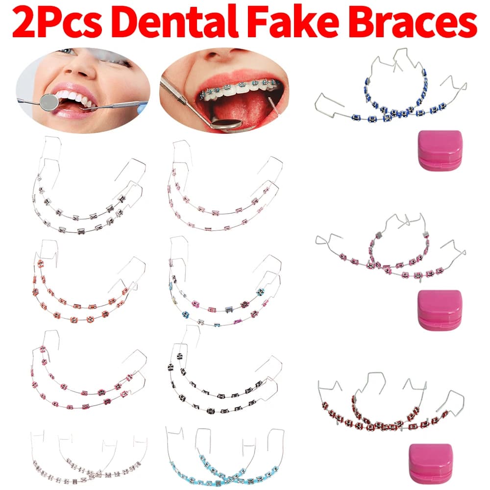 2 pezzi moda dentale apparecchi finti fili metallici staffa decorazione temporanea dei denti legature ortodontiche legature per la protezione quotidiana dei denti