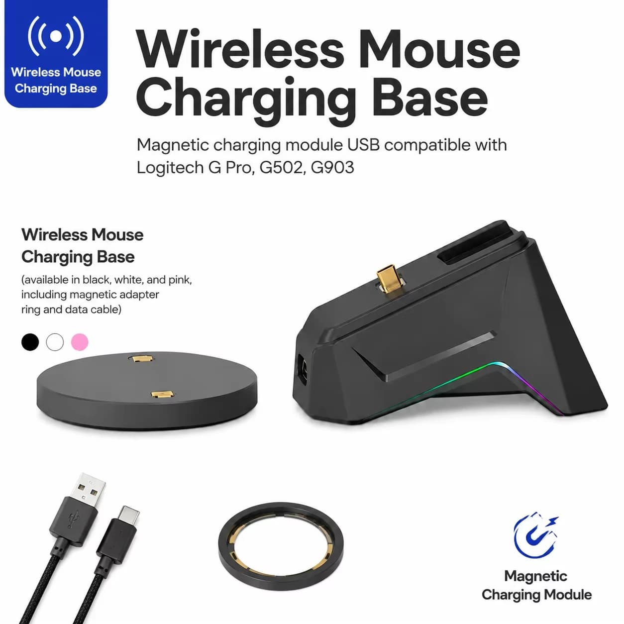 Dock di ricarica per mouse wireless con adattatore magnetico per mouse Logitech G502 G903, estensore hub USB, include modulo di ricarica