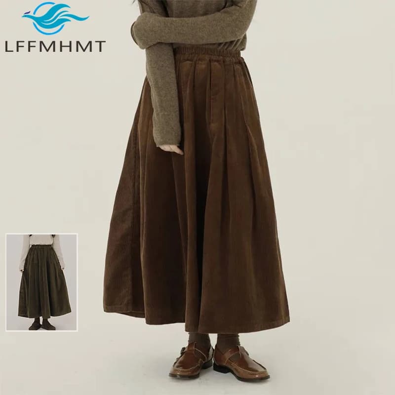 Autunno Inverno Nuovo Arrivo Retro Tinta Unita Velluto a Coste da Donna Plus Size Vita Alta Lunghezza Una Gonna a Linea per Comodo Abbigliamento Quotidiano