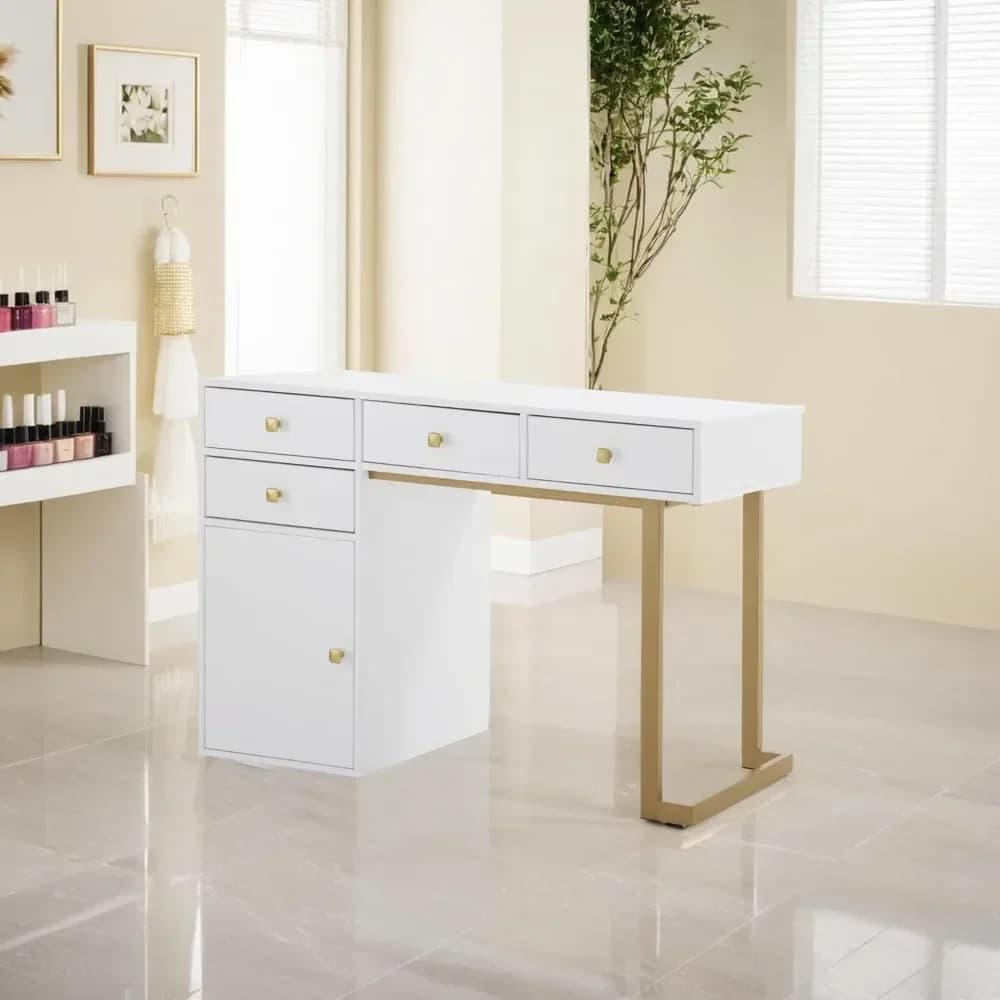 Tavolo per Manicure con Cassetti Portaoggetti, Scrivania per Salone di Bellezza, Postazione Trucco con Maniglie Rotonde