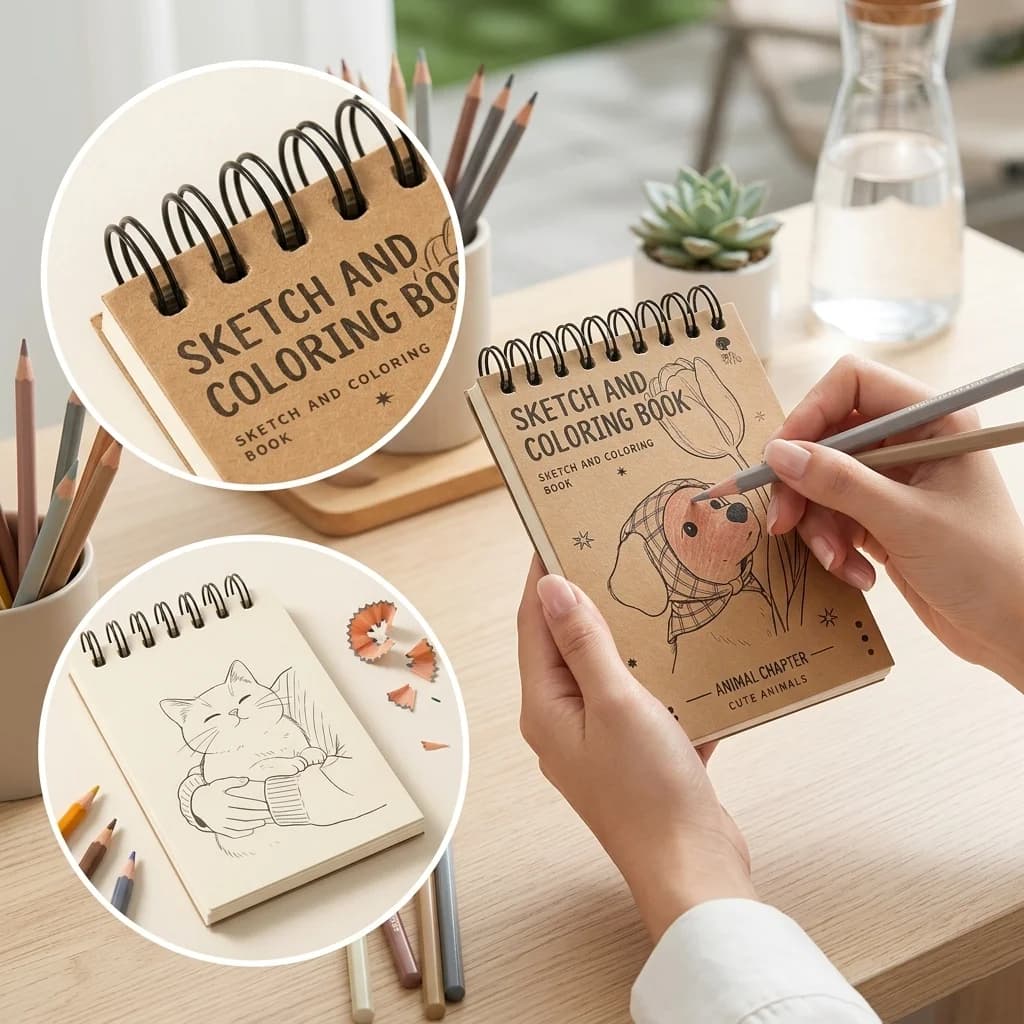 Kids Coloring Book Animal Sketch Spiral Notebook Cute Line Art Drawing Pad Kraft Paper Tracing Painting Notepad Educational