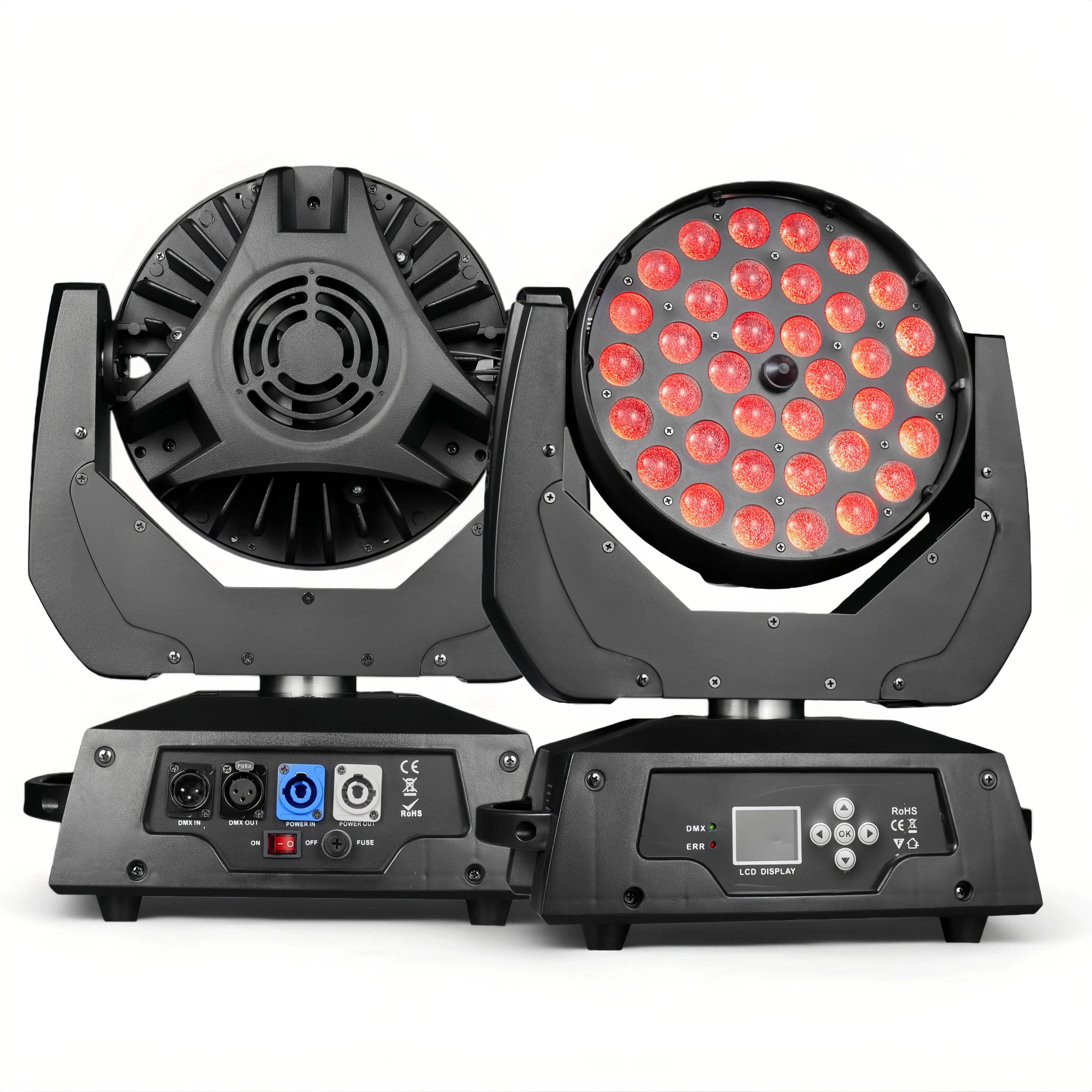 Faro mobile LED 36x18W con zoom, effetto wash e beam, DMX512, per discoteca, feste, matrimoni, club, bar, eventi e spettacoli.