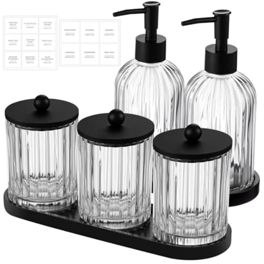 Confezione da 5 accessori per il bagno Set arredamento moderno per il bagno con dispenser di sapone liquido in vetro vassoio per spazzolino portaspazzolino in cotone Swa
