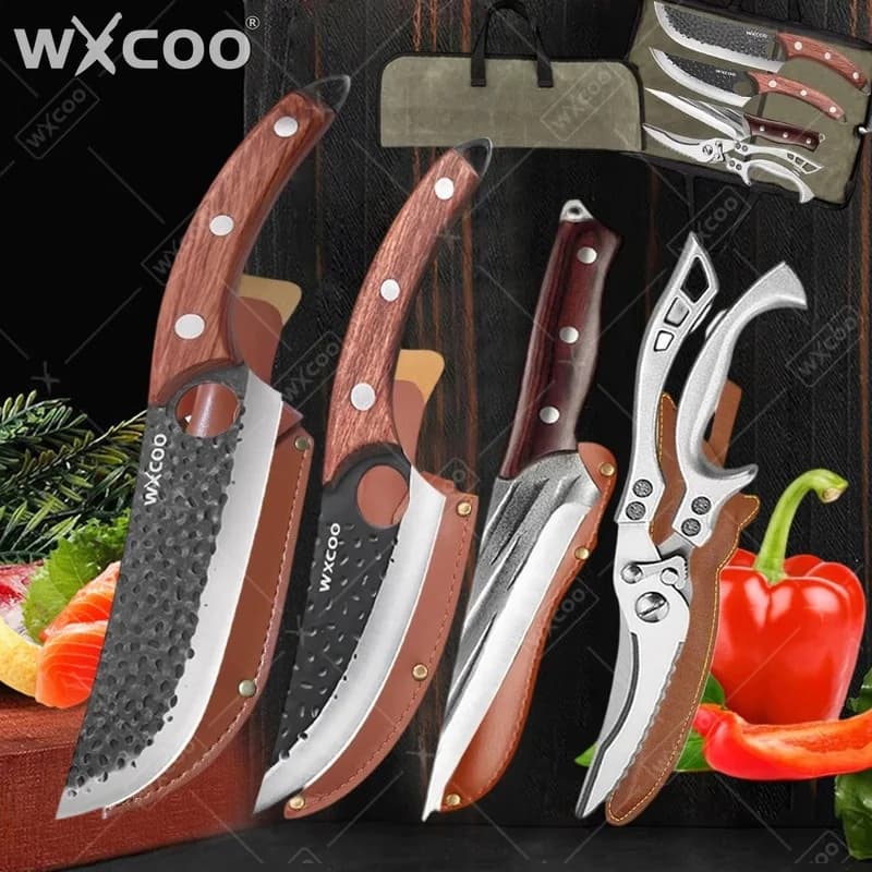 Coltello da Cucina WXCOO, Manuale, Forgiato a Mano, per Macellaio, BBQ, in Acciaio Inossidabile, Coltello da Chef, Forbici da Cucina, Utensili da Cucina