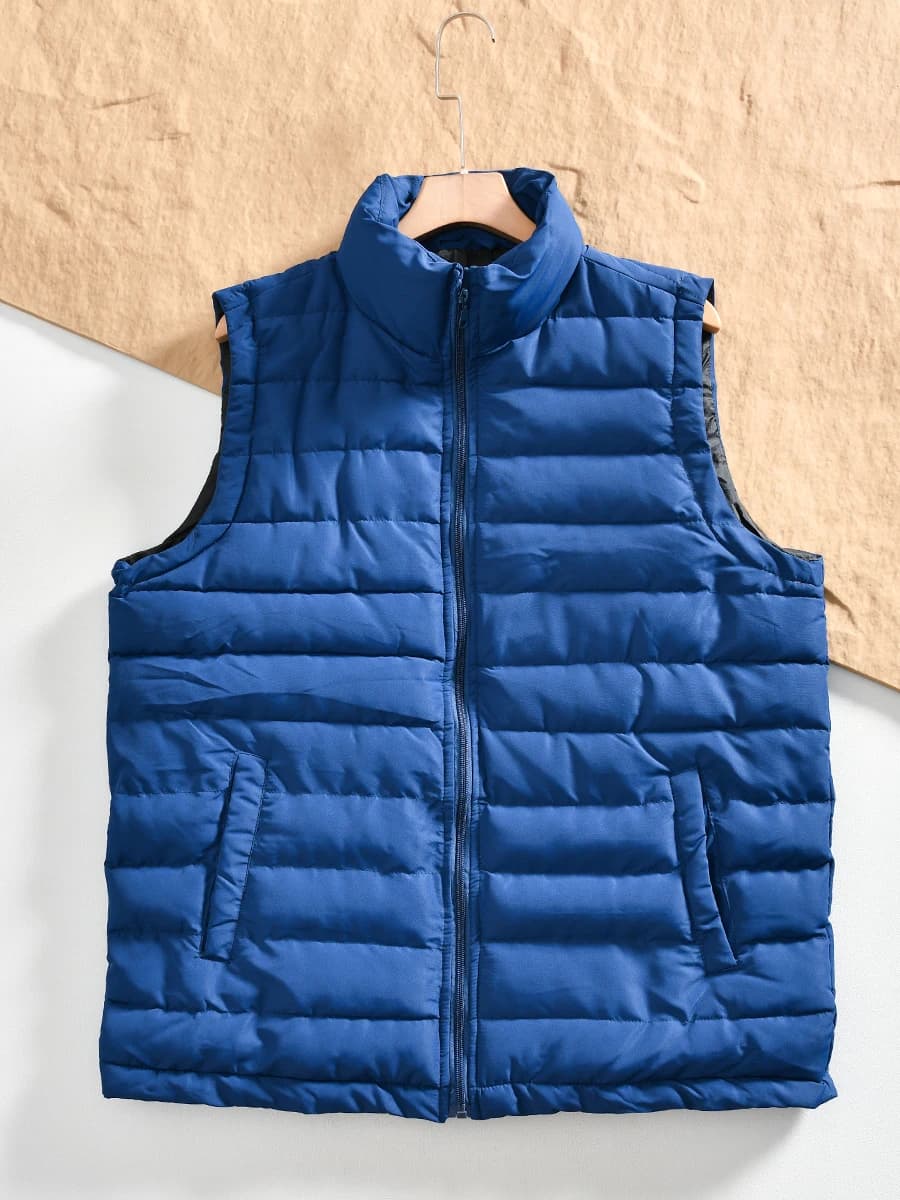Men's Outdoor Windproof Warm Pure Color Zipper Cotton Vest Jacket Autumn Winter Standard Fit Youth Casual Thickened Stand Collar