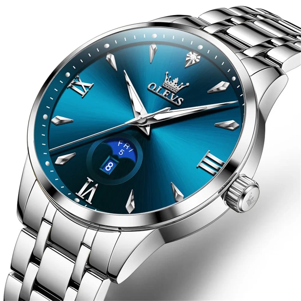 OLEVS Top Luxury Brand Fashion Design Mens Watches Silver Blue Dial Calendar Week Waterproof Luminous Sport Quartz Wrist Watch