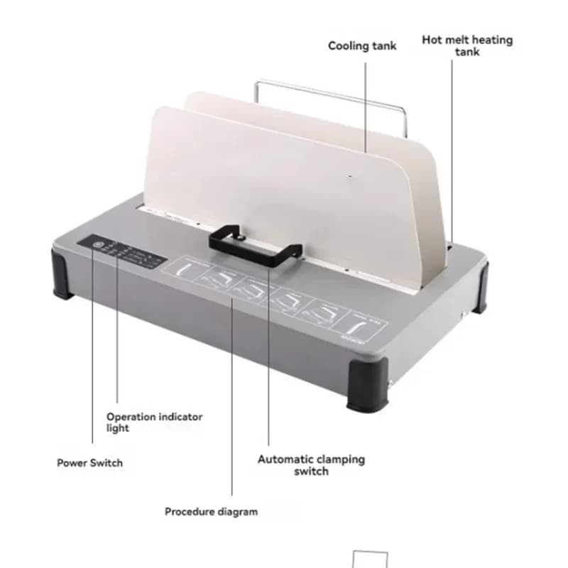 Binding machine for tender documents, contracts, A4 files, and folders; fully automatic compact hot-melt binding machine.