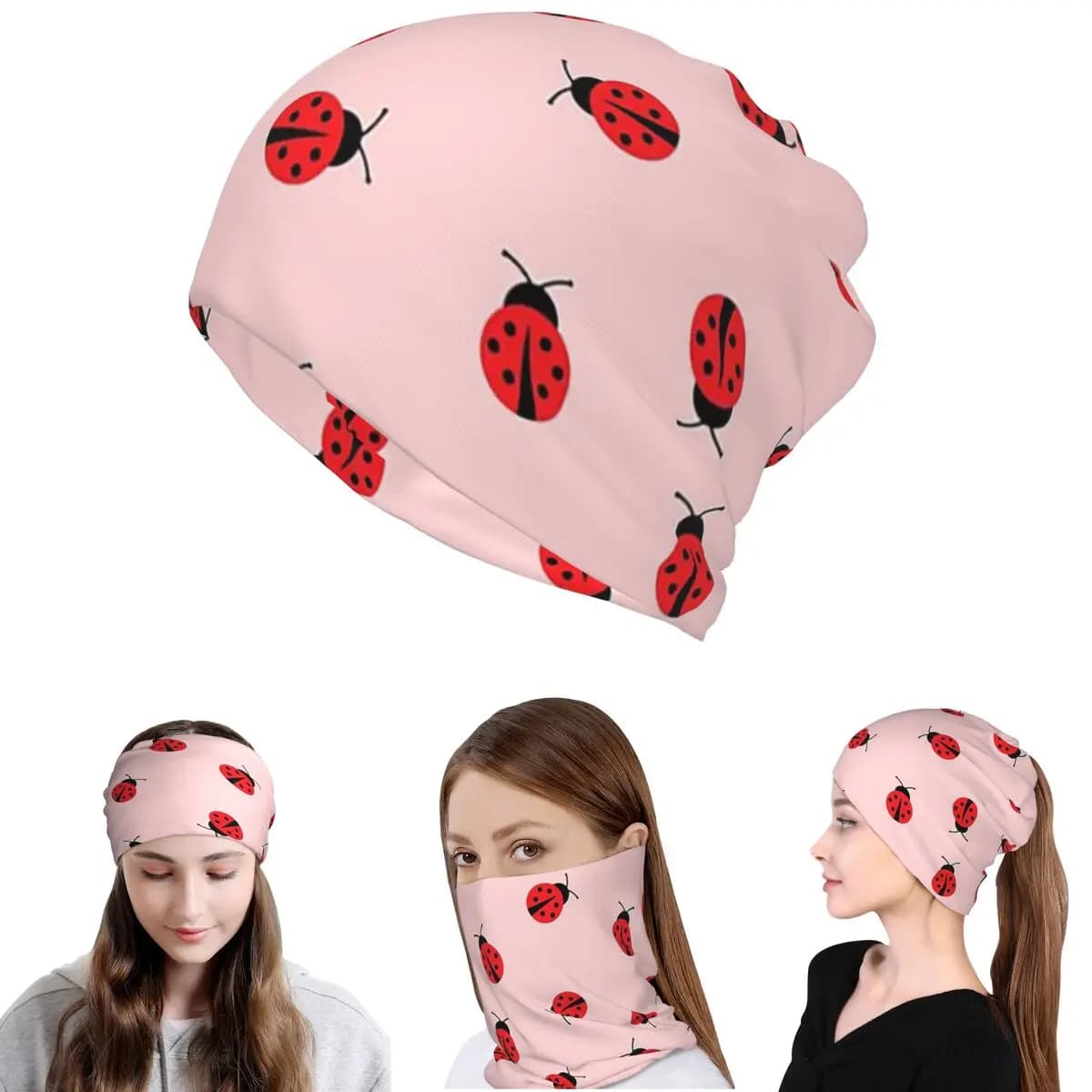 Cute Ladybug On Pink Background Bandana Neck Cover Face Scarf Multifunction Headwear Beanies Hat for Men Women Adult Winter