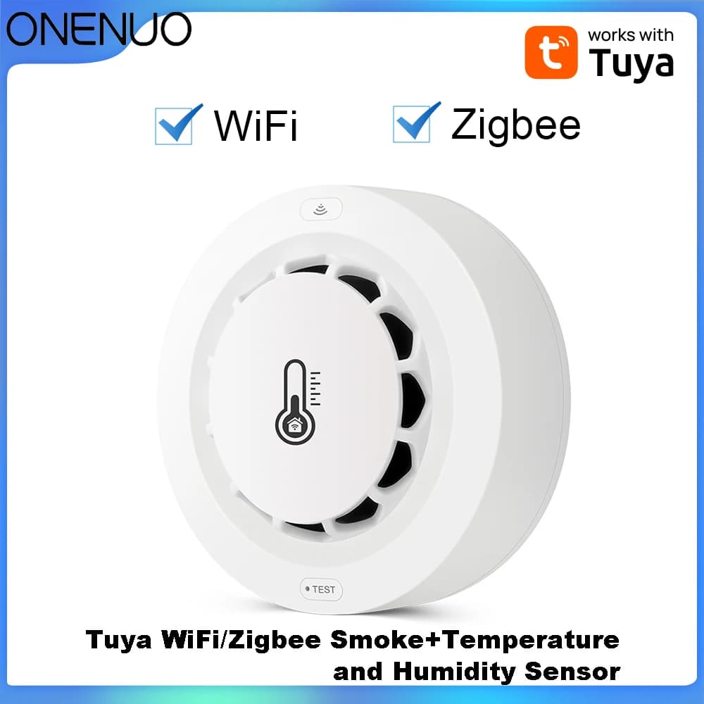 Tuya WiFi Rilevatore di fumo Rilevamento di temperatura e umidità 3 In1 Protezione antincendio Sensore rilevatore di fumo Smart Life Vigile del fuoco