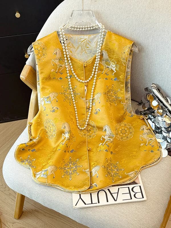 Giacca Gialla in Seta Ricamata da Donna, Gilet Primaverile Autunnale a Strati, Top Senza Maniche, Stile Nazionale Cinese, Capospalla con Motivo Floreale