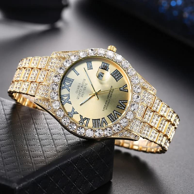 Men Quartz Watch Luxury Steel Band Full Diamond Starry Sky Male Business Wristwatch High End Roman Numeral Calendar Wristwatch