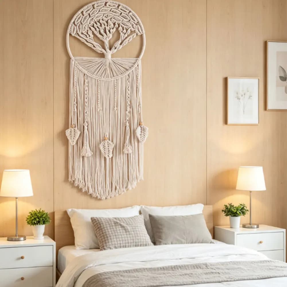 White Cotton Bohemian Dreamcatcher Wall Hanging Handwoven Tapestry for Indoor Outdoor Space Decoration 30x90cm