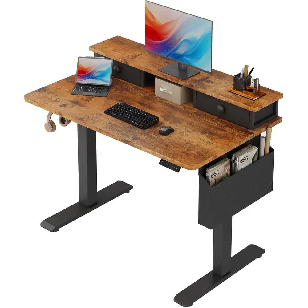 Scrivania Elettrica Regolabile in Altezza - Scrivania Sit-Stand da 40 Pollici con Scaffali Portaoggetti, Scrivania Compatta con Supporto Monitor
