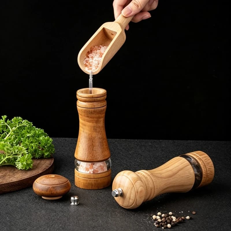 A 6 Inch Acrylic Pepper Mill with Ceramic Core Grinder Rubber Wood Double Hole Tray And Small Wood Spoon Spice Seasoning Set